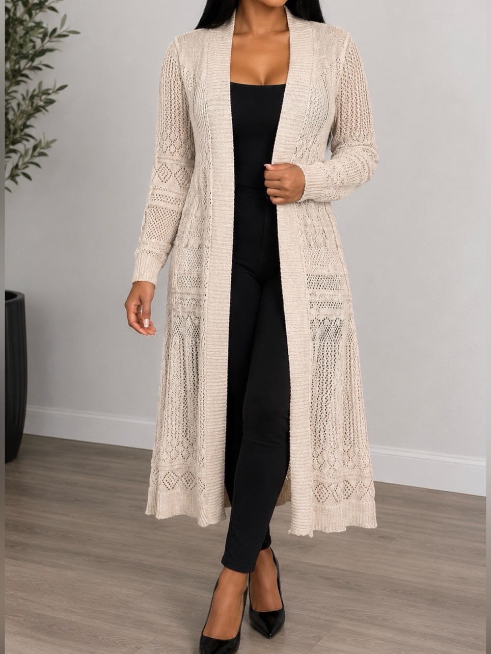 Belldini Long Open-Front Knit Cardigan in Cream